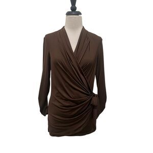 Cache Women's Long Sleeve Tie Side V-Neck Draped Wrap Tunic Top Brown Medium